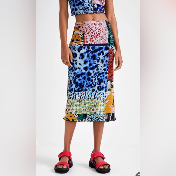 DESIGUAL Digital Patchwork MIDI Skirt Slip‎ Y2K Mesh Overlay S - Picture 14 of 14